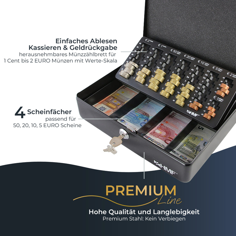 Geldkassette HMF 10015 mit Münzzählbrett Schwarz 30x24x9 cm Premium