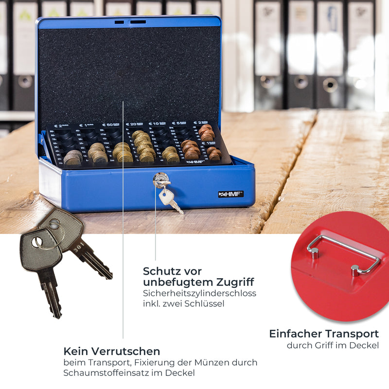 Geldkassette HMF 10015 mit Münzzählbrett Rot 30x24x9 cm mit Tragegriff Vorteile