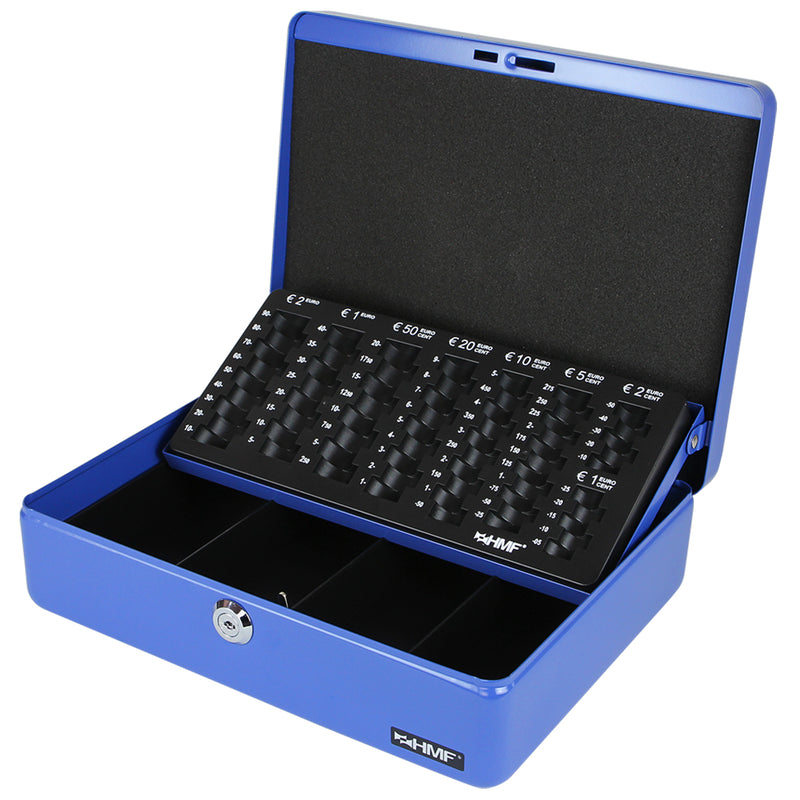 Geldkassette HMF 10015 mit Münzzählbrett Blau 30x24x9 cm geöffnet und leer