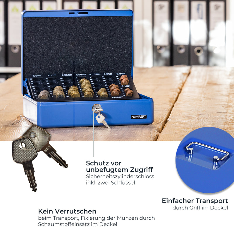 Geldkassette HMF 10015 mit Münzzählbrett Blau 30x24x9 cm Vorteile