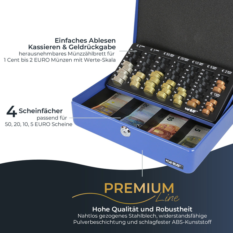 Geldkassette HMF 10015 mit Münzzählbrett Blau 30x24x9 cm geöffnet und leer