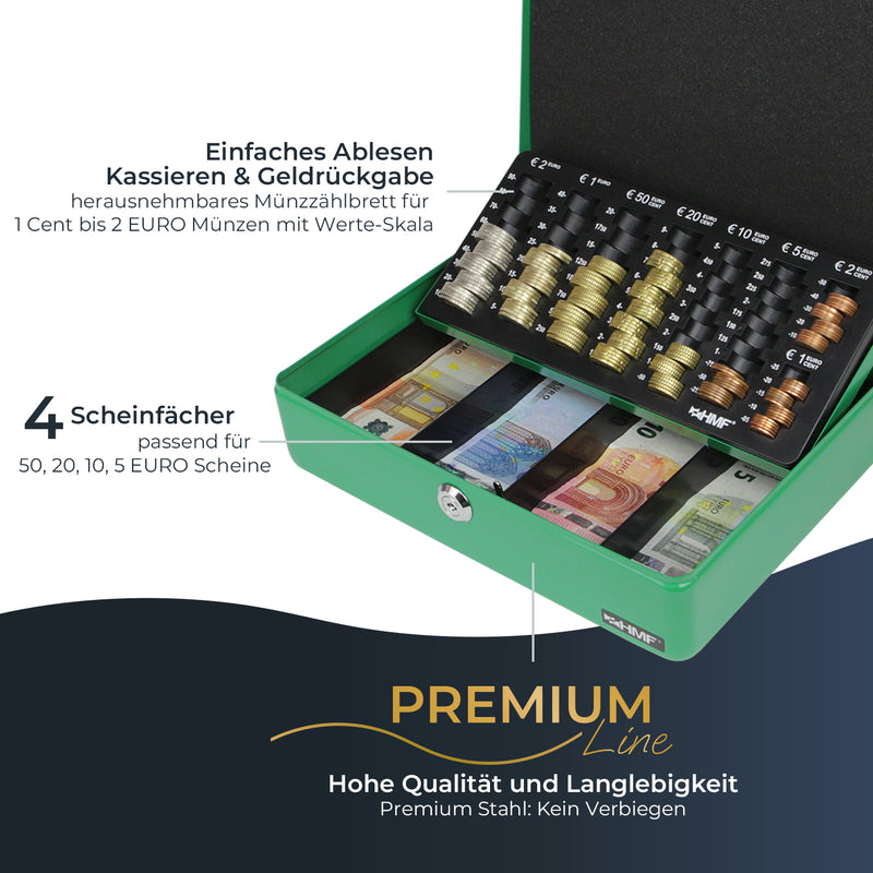 Geldkassette HMF 10015 mit Münzzählbrett Grün 30x24x9 cm extra robust Premium
