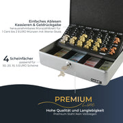 Geldkassette HMF 10015 mit Münzzählbrett Silber 30x24x9 cm extra robust Premium