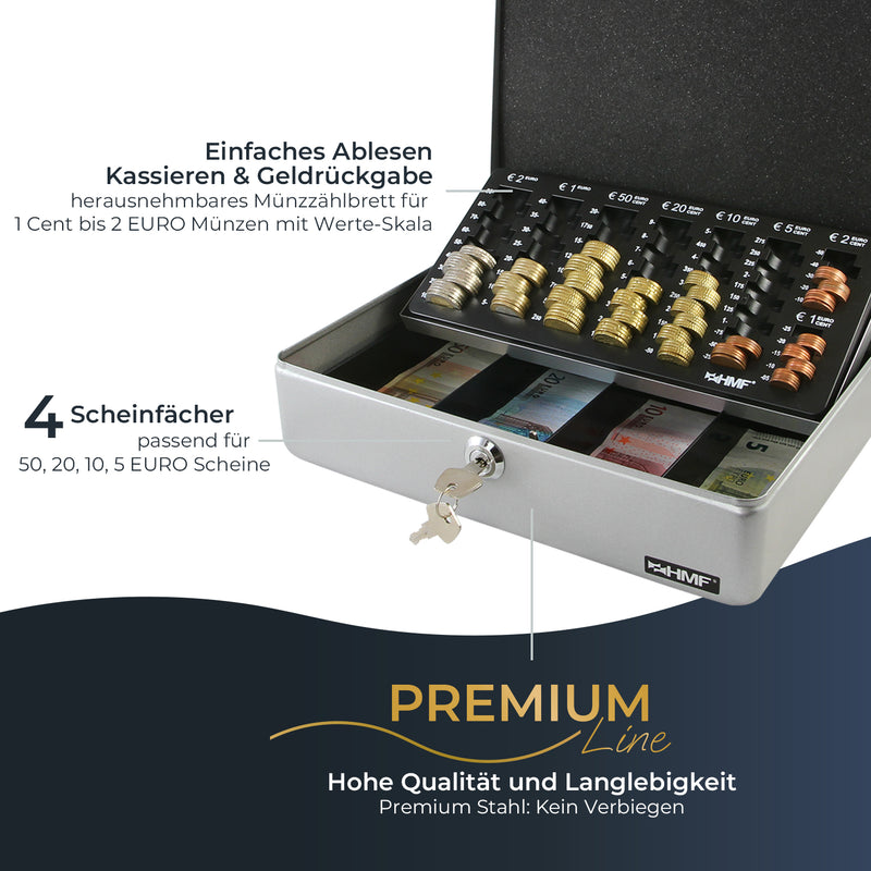 Geldkassette HMF 10015 mit Münzzählbrett Silber 30x24x9 cm extra robust Premium