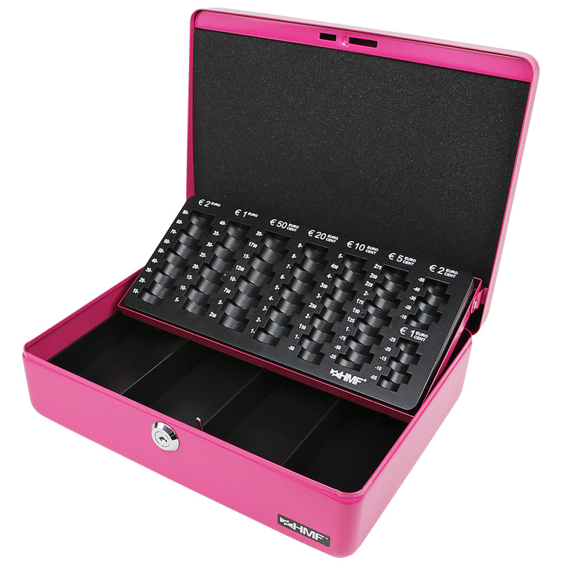 Geldkassette HMF 10015 mit Münzzählbrett Pink 30x24x9 cm geöffnet