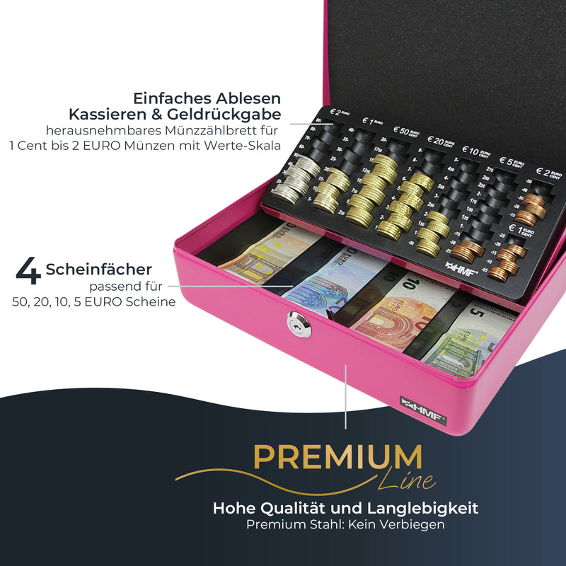 Geldkassette HMF 10015 mit Münzzählbrett Pink 30x24x9 cm extra robust Premium