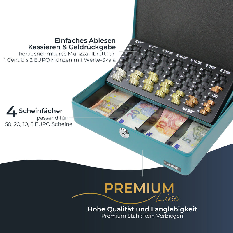 Geldkassette HMF 10015 mit Münzzählbrett Petrol 30x24x9 cm extra robust Premium