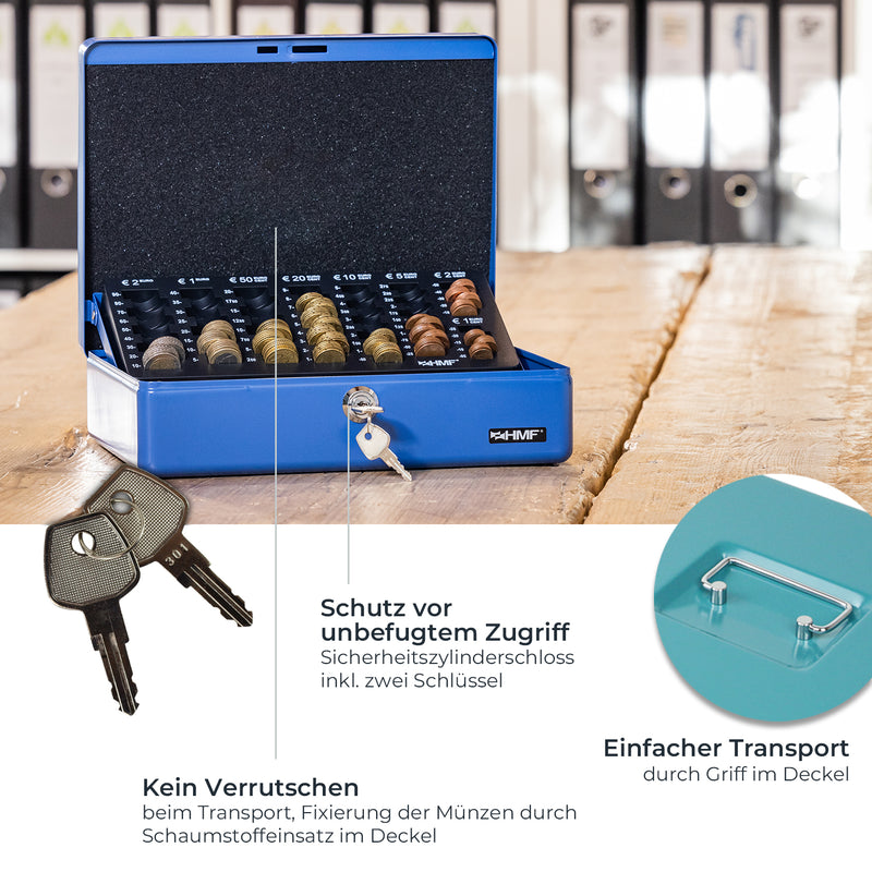 Geldkassette HMF 10015 mit Münzzählbrett Petrol 30x24x9 cm kompakt Vorteile