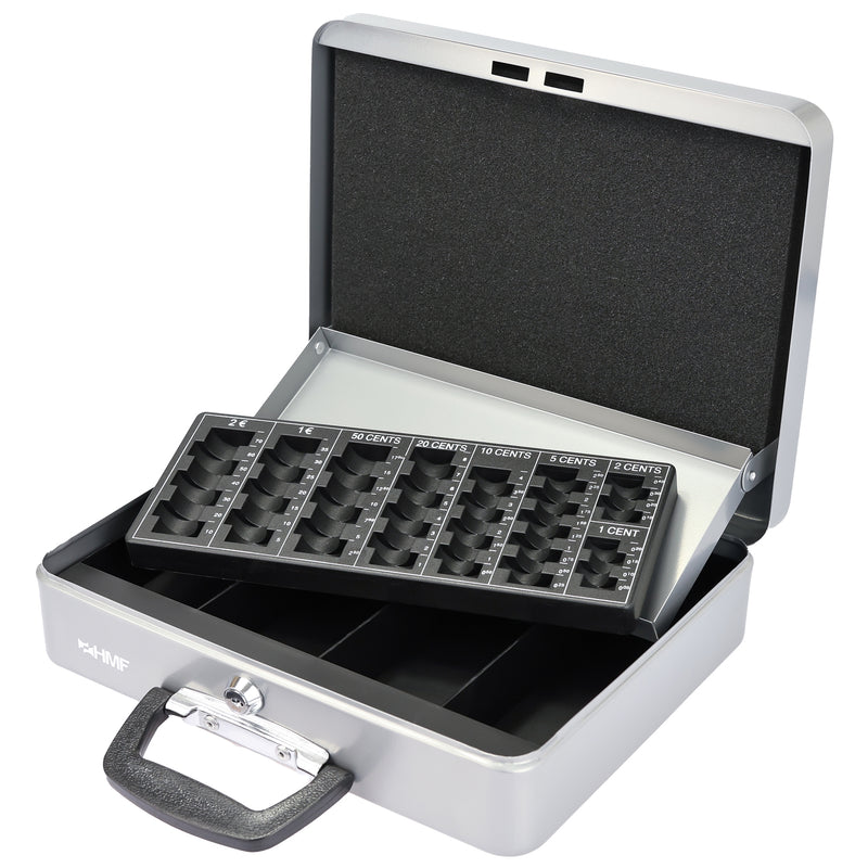 Geldkassette mit Tragegriff von HMF mit 30 cm Breite in Silber