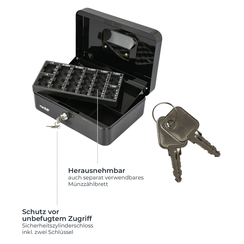 Geldkassette mit einem Euro-Münzzählbrett von HMF mit 25 cm Breite in Schwarz