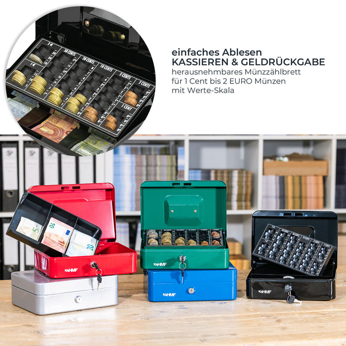 Geldkassette mit einem Euro-Münzzählbrett von HMF mit 25 cm Breite in Schwarz