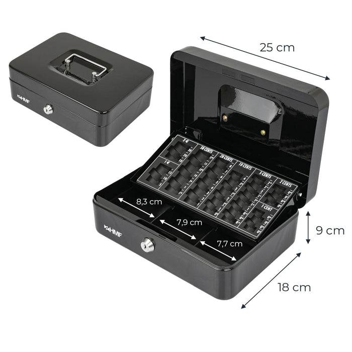 Geldkassette mit einem Euro-Münzzählbrett von HMF mit 25 cm Breite in Schwarz