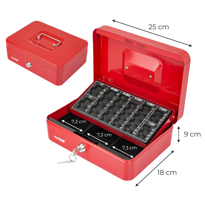 Geldkassette mit einem Euro-Münzzählbrett von HMF mit 25 cm Breite in Rot