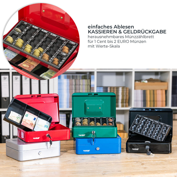 Geldkassette mit einem Euro-Münzzählbrett von HMF mit 25 cm Breite in Rot