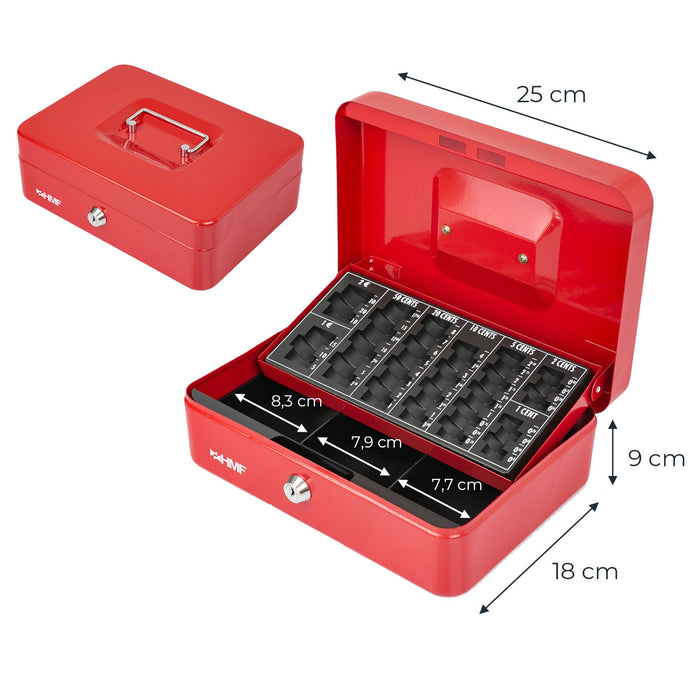 Geldkassette mit einem Euro-Münzzählbrett von HMF mit 25 cm Breite in Rot