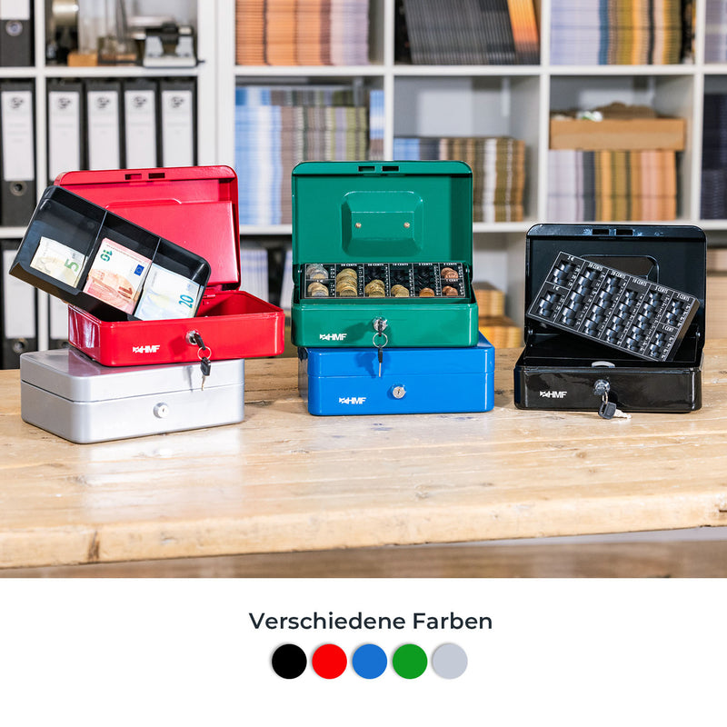 Geldkassette mit einem Euro-Münzzählbrett von HMF mit 25 cm Breite in Rot