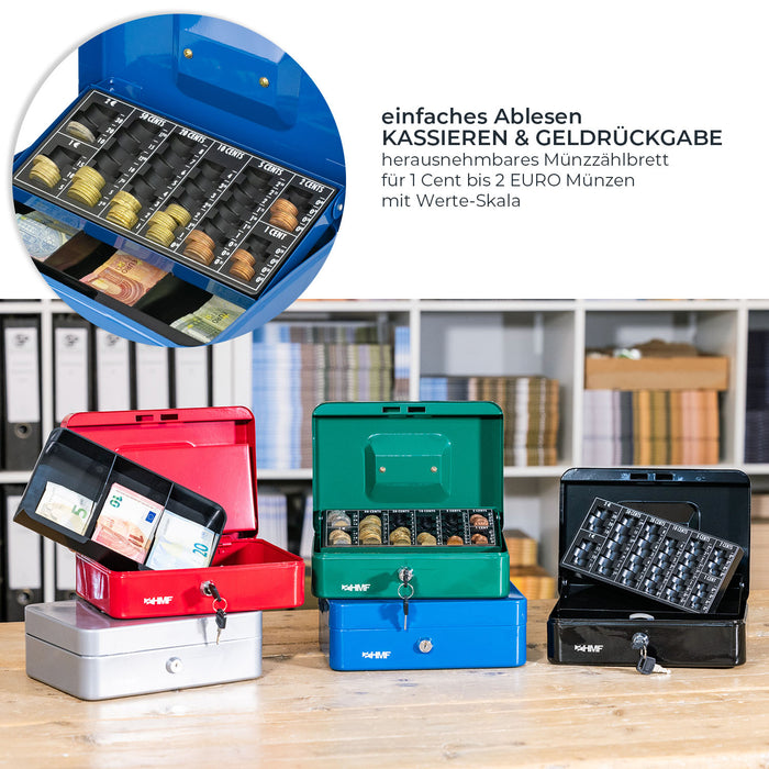 Geldkassette mit einem Euro-Münzzählbrett von HMF mit 25 cm Breite in Blau
