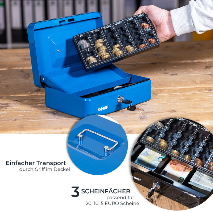 Geldkassette mit einem Euro-Münzzählbrett von HMF mit 25 cm Breite in Blau