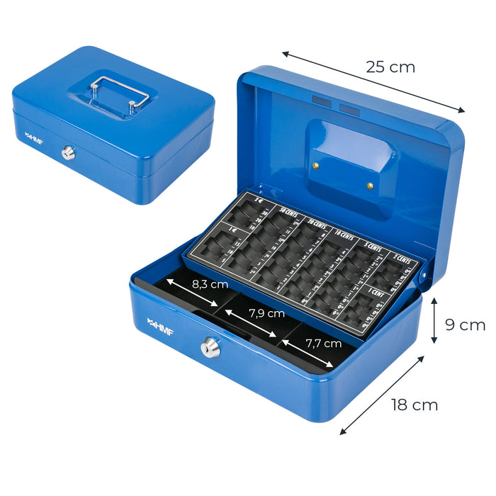 Geldkassette mit einem Euro-Münzzählbrett von HMF mit 25 cm Breite in Blau