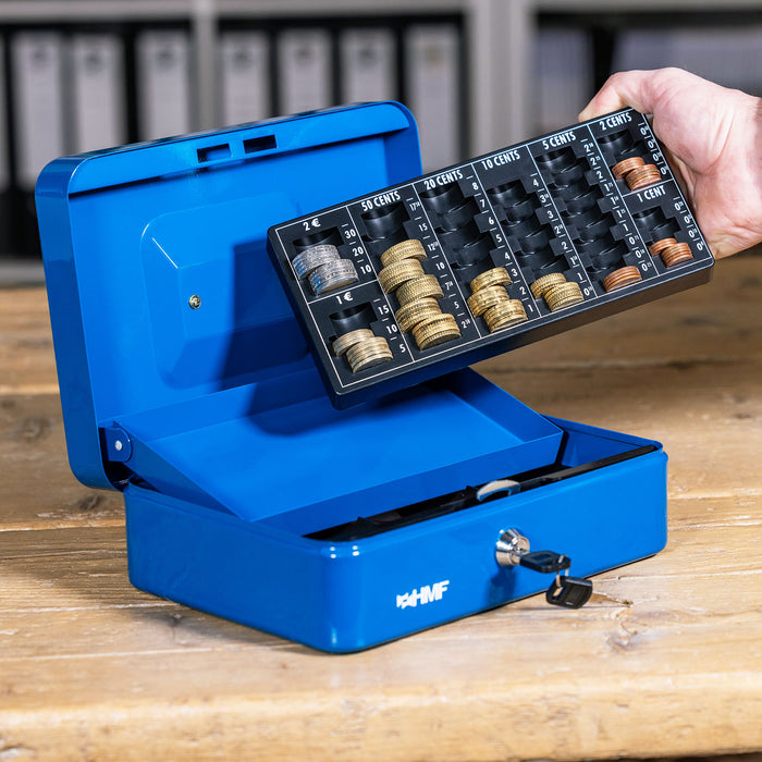 Geldkassette mit einem Euro-Münzzählbrett von HMF mit 25 cm Breite in Blau