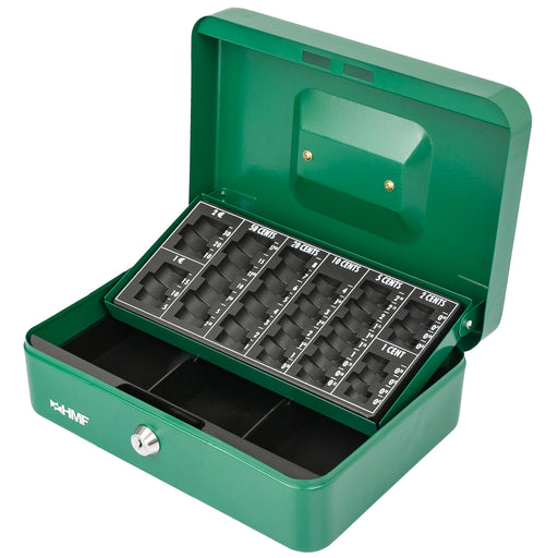 Geldkassette mit einem Euro-Münzzählbrett von HMF mit 25 cm Breite in Grün