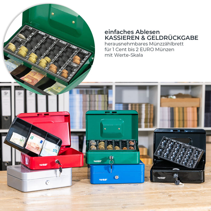 Geldkassette mit einem Euro-Münzzählbrett von HMF mit 25 cm Breite in Grün
