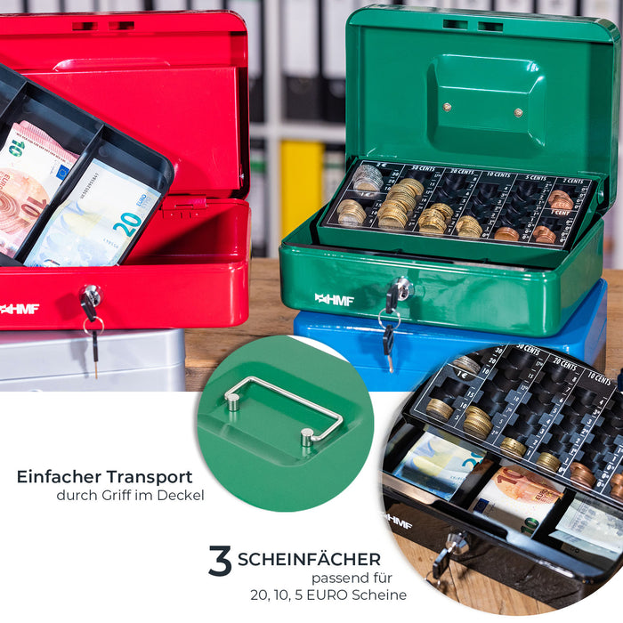 Geldkassette mit einem Euro-Münzzählbrett von HMF mit 25 cm Breite in Grün
