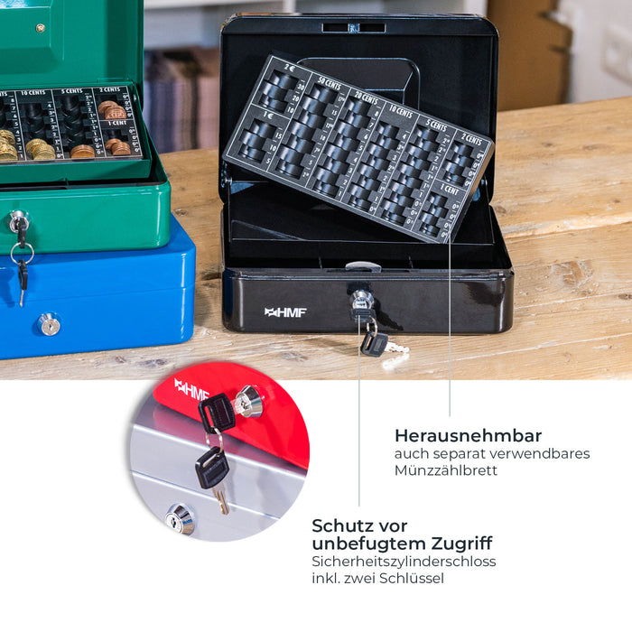 Geldkassette mit einem Euro-Münzzählbrett von HMF mit 25 cm Breite in Grün