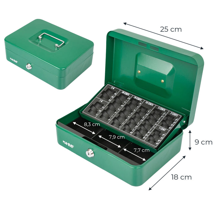 Geldkassette mit einem Euro-Münzzählbrett von HMF mit 25 cm Breite in Grün