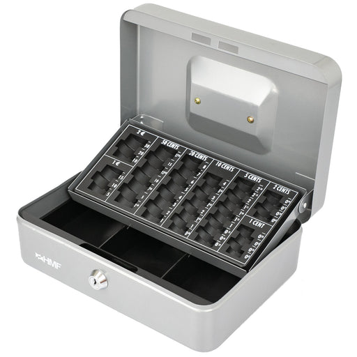 Geldkassette mit einem Euro-Münzzählbrett von HMF mit 25 cm Breite in Silber