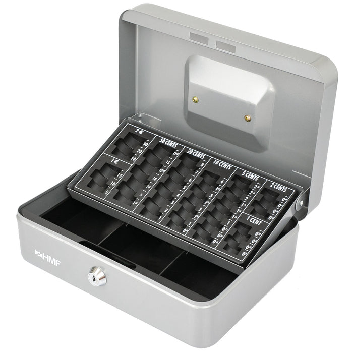 Geldkassette mit einem Euro-Münzzählbrett von HMF mit 25 cm Breite in Silber