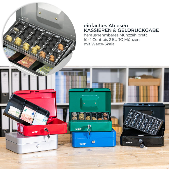 Geldkassette mit einem Euro-Münzzählbrett von HMF mit 25 cm Breite in Silber