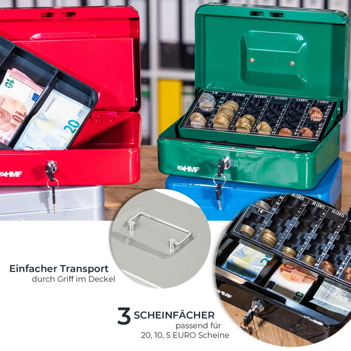 Geldkassette mit einem Euro-Münzzählbrett von HMF mit 25 cm Breite in Silber