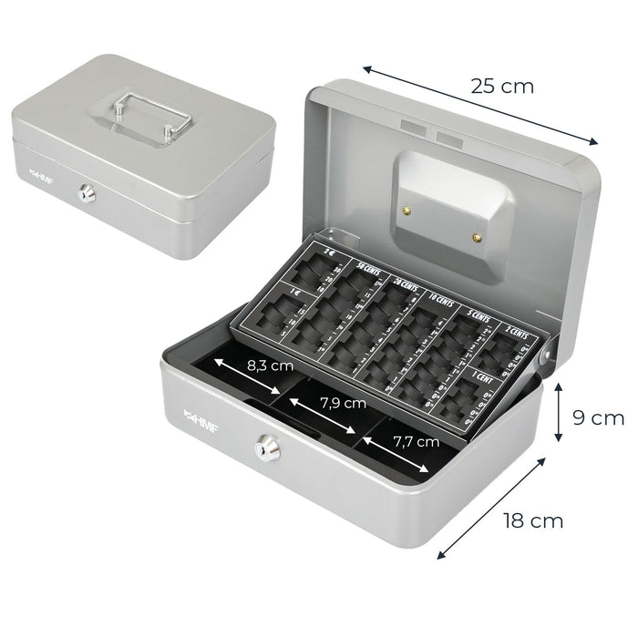 Geldkassette mit einem Euro-Münzzählbrett von HMF mit 25 cm Breite in Silber