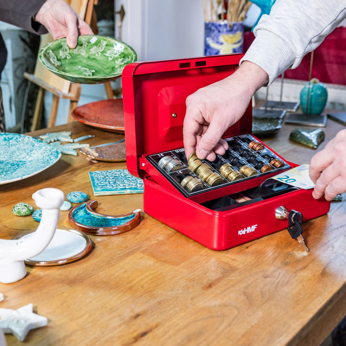 Geldkassette mit einem Euro-Münzzählbrett von HMF mit 25 cm Breite in Silber