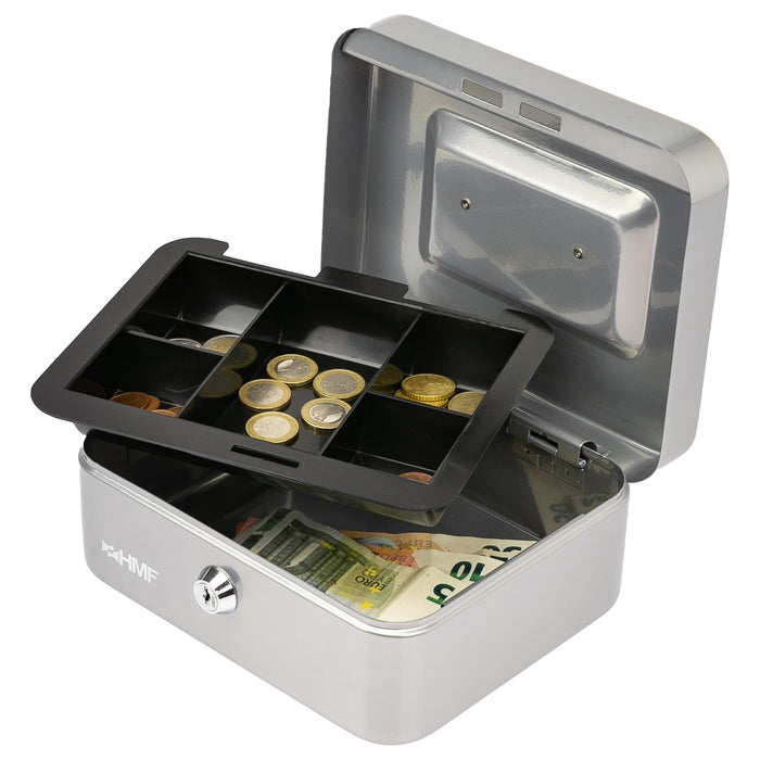 Geldkassette mit Münzeinsatz von HMF mit 20 cm Breite in Silber
