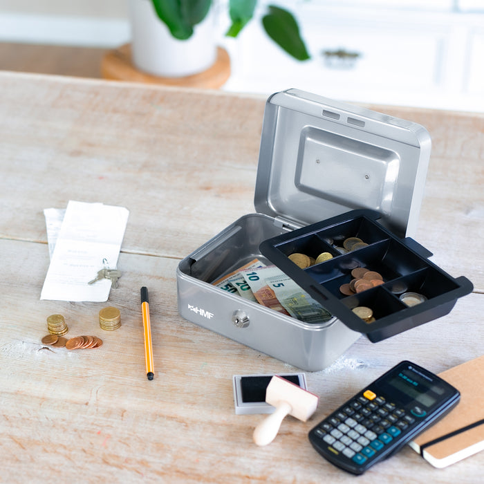 Geldkassette mit Münzeinsatz von HMF mit 20 cm Breite in Silber