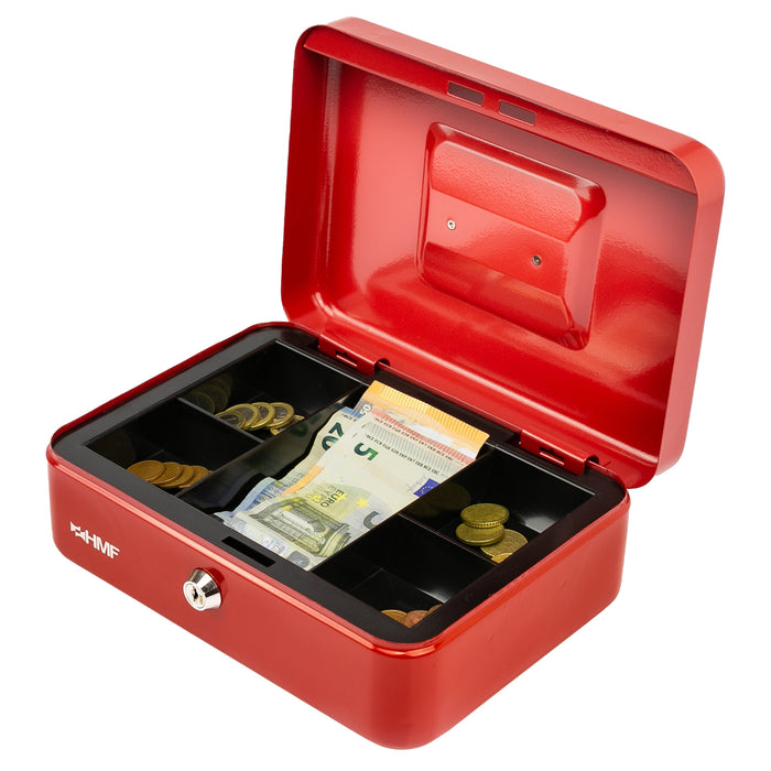 Geldkassette mit Münzeinsatz von HMF mit 25 cm Breite in Rot