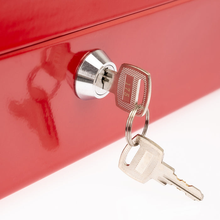 Geldkassette mit Münzeinsatz von HMF mit 25 cm Breite in Rot