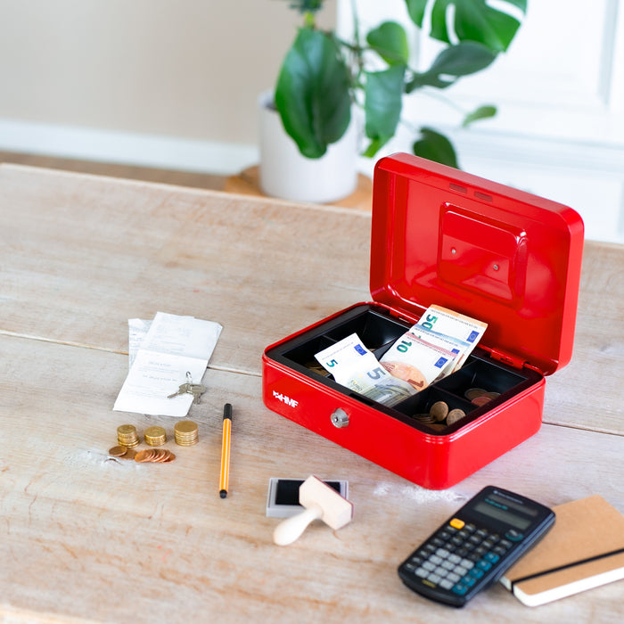 Geldkassette mit Münzeinsatz von HMF mit 25 cm Breite in Rot