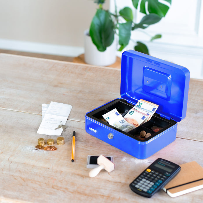 Geldkassette mit Münzeinsatz von HMF mit 25 cm Breite in Blau
