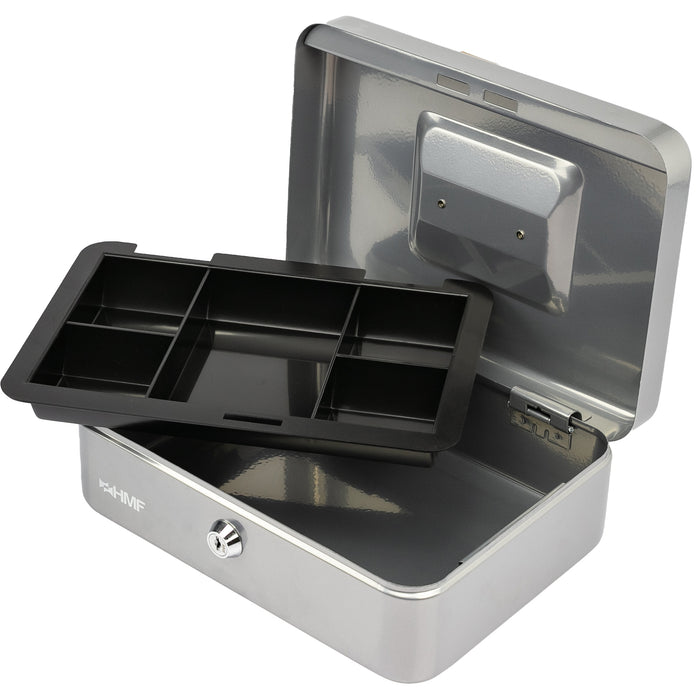 Geldkassette mit Münzeinsatz von HMF mit 25 cm Breite in Silber