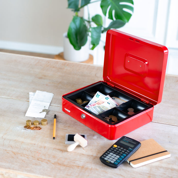 Geldkassette mit Münzeinsatz von HMF mit 30 cm Breite in Rot