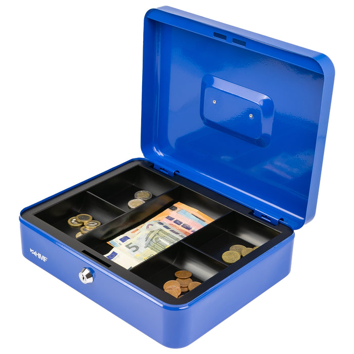 Geldkassette mit Münzeinsatz von HMF mit 30 cm Breite in Silber