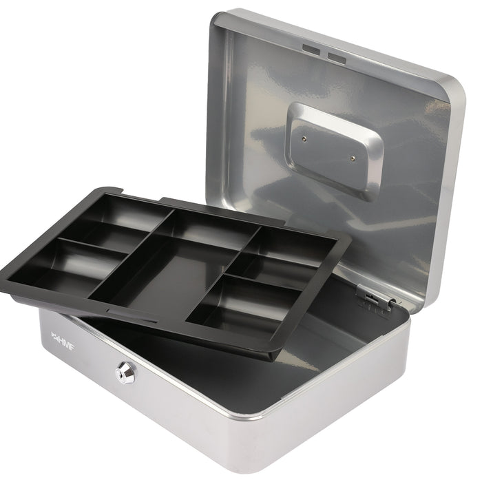 Geldkassette mit Münzeinsatz von HMF mit 30 cm Breite in Silber