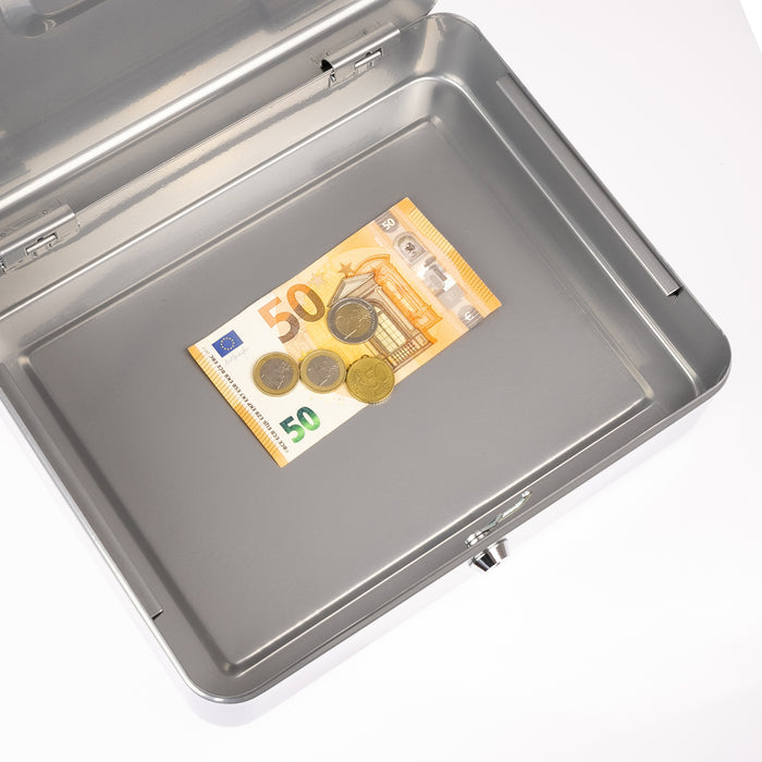 Geldkassette mit Münzeinsatz von HMF mit 30 cm Breite in Silber