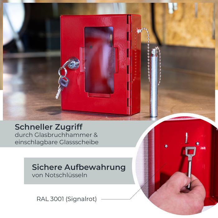 Notschlüsselkasten mit einem Glasbruchhammer von HMF in Rot