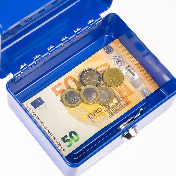 Geldkassette mit Münzeinsatz von HMF mit 15 cm Breite in Blau