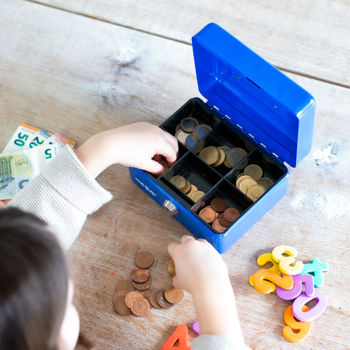 Geldkassette mit Münzeinsatz von HMF mit 15 cm Breite in Blau