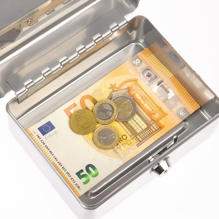 Geldkassette mit Münzeinsatz von HMF mit 15 cm Breite in Silber